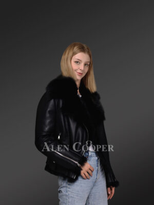 Black Toscana shearling ladies’ coat assures perfect fit side view