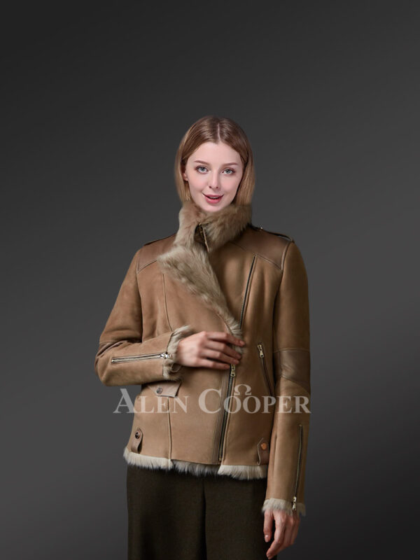 Brown Toscana shearling coat blending feminism with style