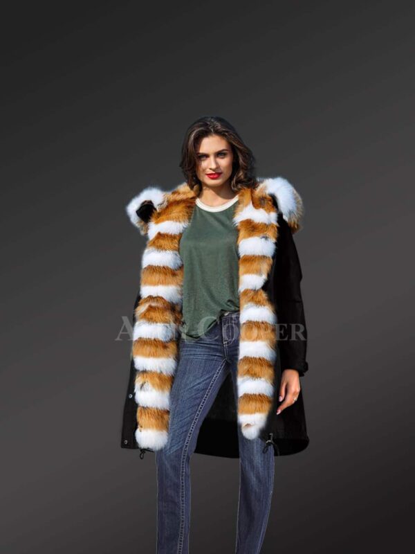 Hybrid Black Red Arctic Fox Fur Parka Convertibles For Women new
