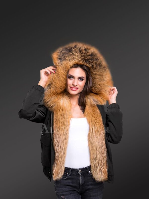 Ladies Golden island fox fur hybrid black bomber jacket convertibles reflect grandeur new