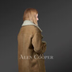 Ladies’ brown shearling coat to redefine fashion trends side view