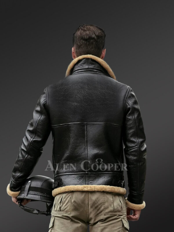 Motorcycle shearling jacket in black for stylish men! back view
