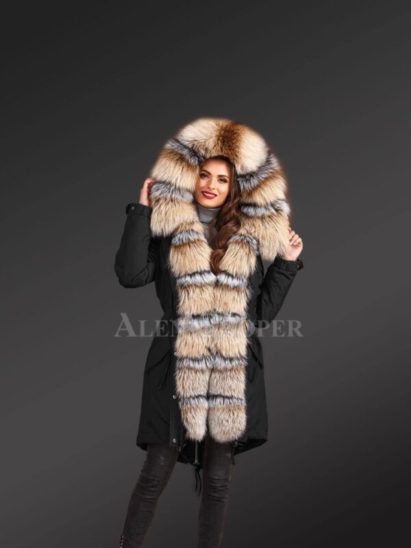 Redefine your pride and vanity with blue frost fox fur hybrid black parka convertible