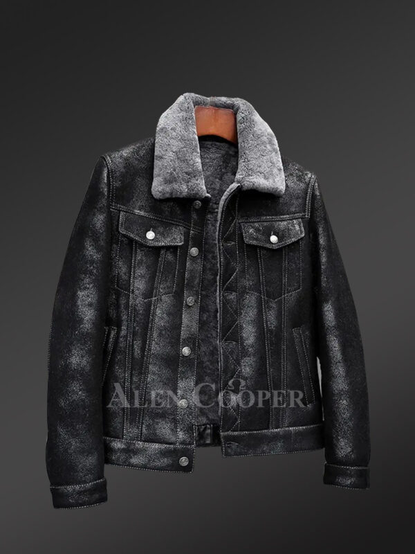 Shearling jacket in denim for men with striking collar to redefine charm