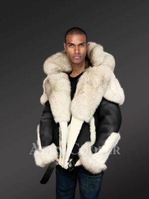 Shearling Moto Jacket For Men, Black Fox Fur Hooded Coat Mens