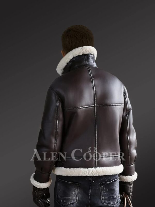 Stylish double-sided shearling coat for sophisticated men Coffee back view