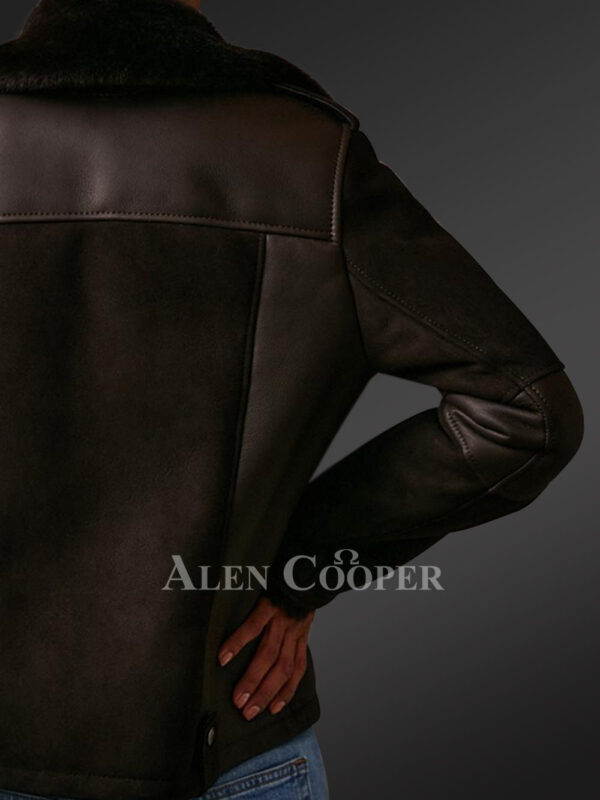 Appealing black version of women’s original shearling coats side view