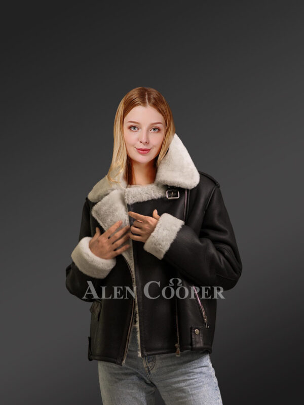 Black jackets for stylish womens from genuine shearling pelts