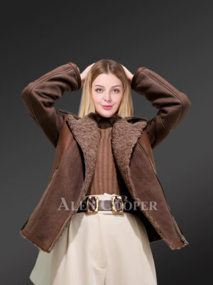 Elegant version of genuine brown shearling coats for ladies side views