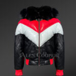 Men’s stylish V bomber leather jackets with fur collar and zippered-out fur hood