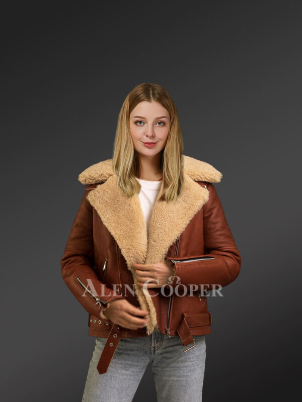 Stylish women’s tan authentic shearling winter coats