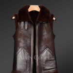 Rich brown sleeveless shearling jacket for man view