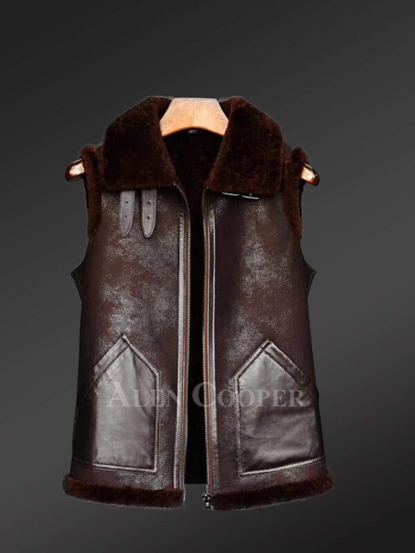 Rich brown sleeveless shearling jacket for man view