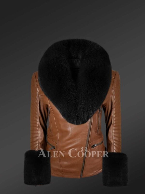 Appealing leather jacket with removable fur collar and hand cuffs