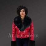 Authentic leather jackets in burgundy with removable fur collar and handcuffs for women Model