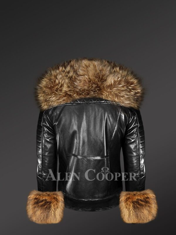Genuine Leather jackets with detachable fur collar and handcuffs back side view
