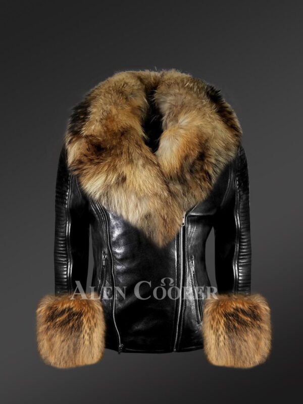 Genuine leather jacket in black with removable fur collar and handcuffs