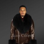 Genuine leather jackets in coffee hue with detachable black fur collar and handcuffs