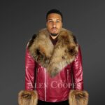 Original leather jackets with detachable fur handcuffs and collar in burgundy