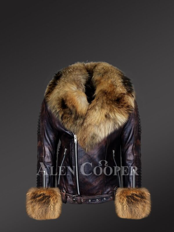 Trendy original leather jackets with removable fur collar and handcuffs
