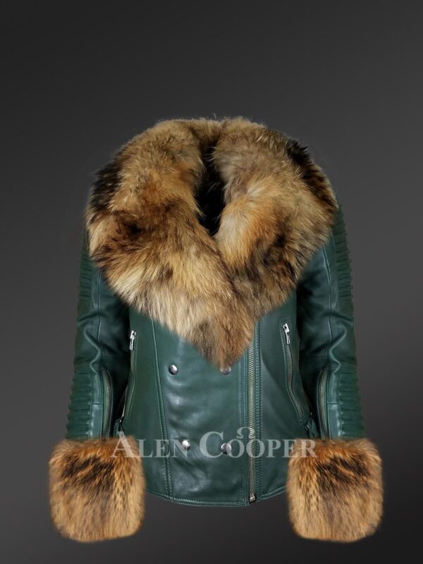 Women’s authentic leather jacket with removable raccoon fur collar and handcuffs