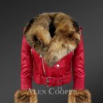 Women’s authentic leather jackets in burgundy with removable fur collar and handcuffs