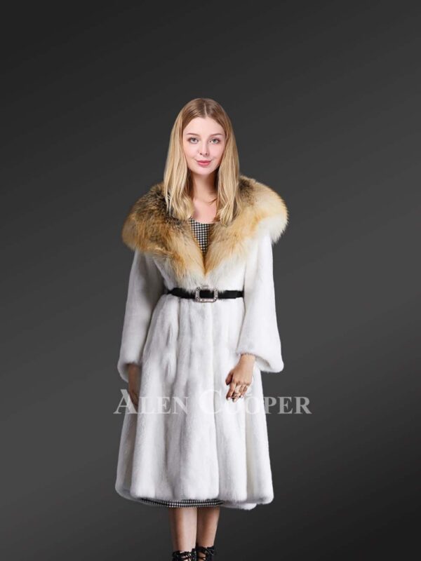 Authentic mink fur coat for women with stylish hood view
