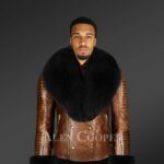 Genuine leather jacket for men with fur hood and handcuffs
