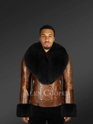 Genuine leather jacket for men with fur hood and handcuffs