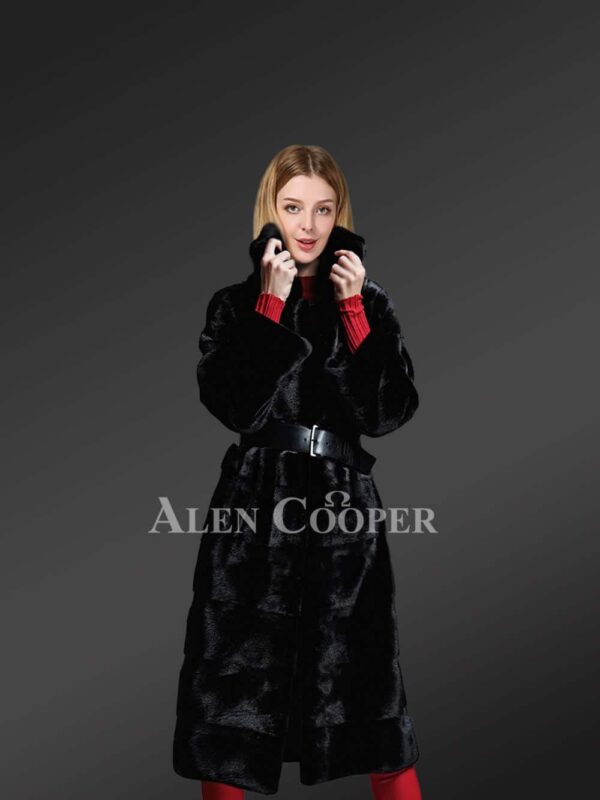 Genuine mink fur long coat in appealing black for stylish women's