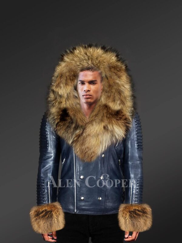 Innovatively designed leather jackets for men with fur hood and handcuffs with model