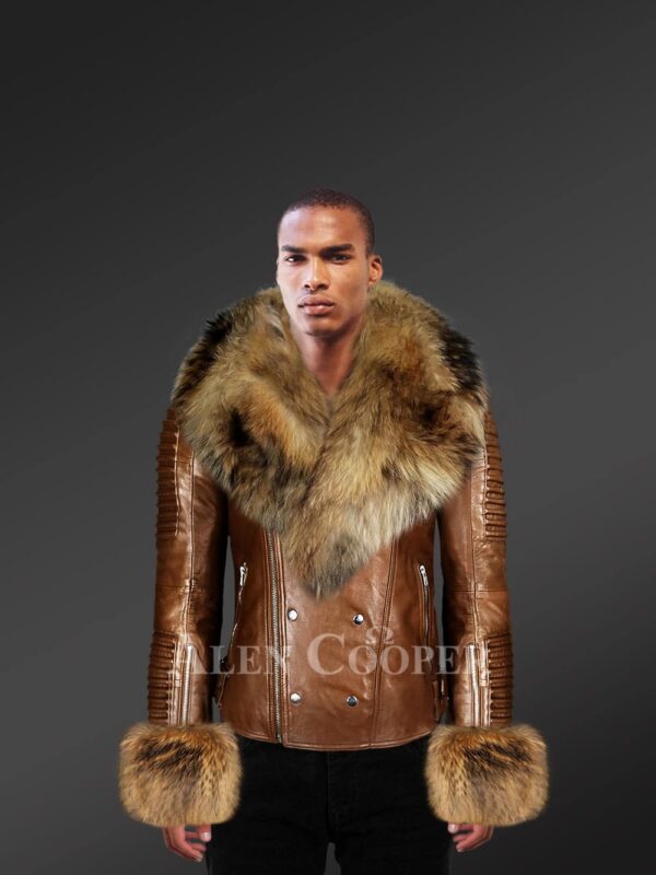 Men’s brown leather jacket with genuine fur hood and handcuffs with model