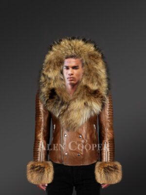 Men’s coffee leather jacket with genuine fur hood and handcuffs