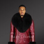 Men’s leather jackets in burgundy with fur hood and handcuffs