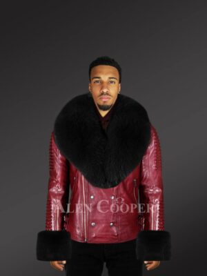 Men’s leather jackets in burgundy with fur hood and handcuffs