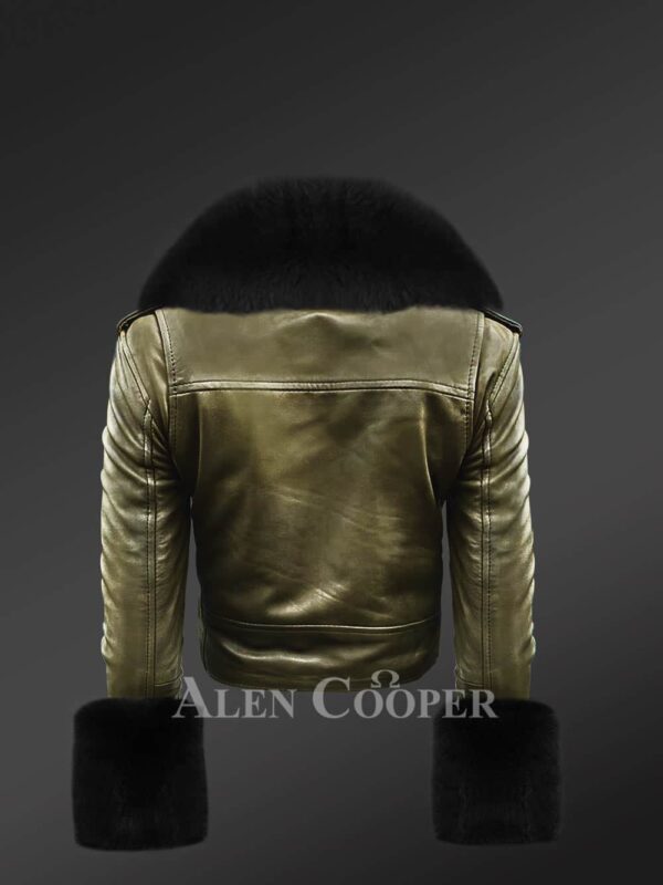 Authentic Leather Jackets In Olive With Removable Fur Collar And Handcuffs For back view