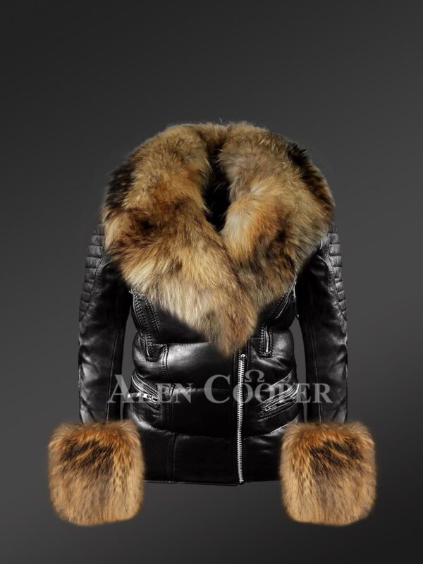 Black Leather Jackets With Removable Fur Collar And Handcuffs