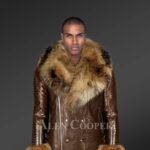 Genuine Leather Jacket For Men With Raccoon Fur Collar And Handcuffs