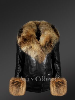 Genuine Leather Jackets For Stylish Divas With Removable raccoon Fur Collar And Hand Cuffs