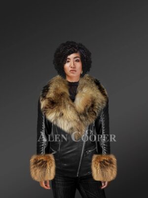 Genuine Leather Jackets For Stylish Divas With Removable raccoon Fur Collar And Hand Cuffs model