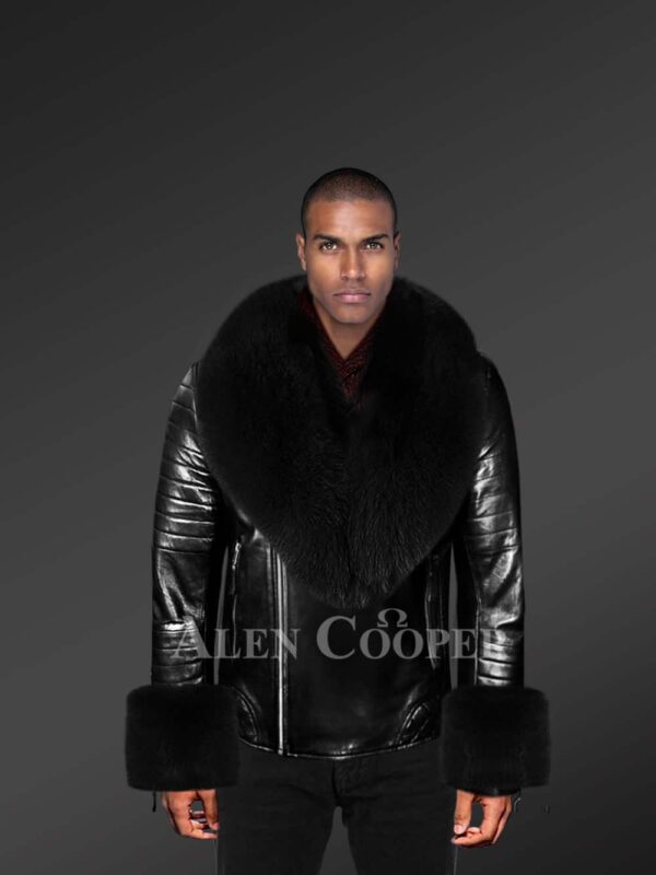 Genuine Leather Jackets In Black With Detachable Fur Collar And Handcuffs