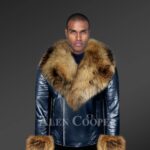 Genuine Leather Jackets In Navy With Detachable Fur Collar And Handcuffs