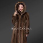 Lustrous Hooded Mink Fur Coat in Brown for Stylish Womens