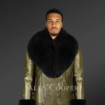 Men’s Olive Leather Jacket With Detachable Fur Collar And Handcuffs