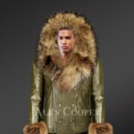 Olive Leather Jacket With Fur Hood And Handcuffs For Men
