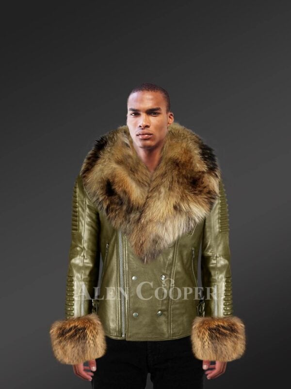 Olive Leather Jacket With Raccoon Fur Collar And Handcuffs for Men