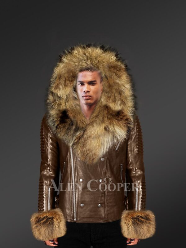 Real Leather Jacket For Men With Fur Hood And Handcuffs