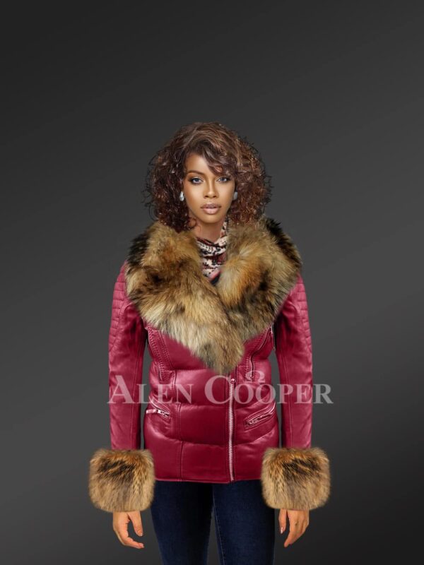Wine leather jackets with removable fur collar and handcuffs model