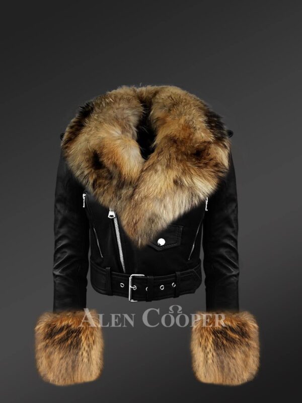 Women’s Authentic Leather Jackets In Black With Removable Fur Collar And Handcuffs