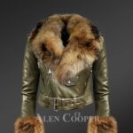 Women’s Authentic Leather Jackets In Olive With Removable Fur Collar And Handcuffs